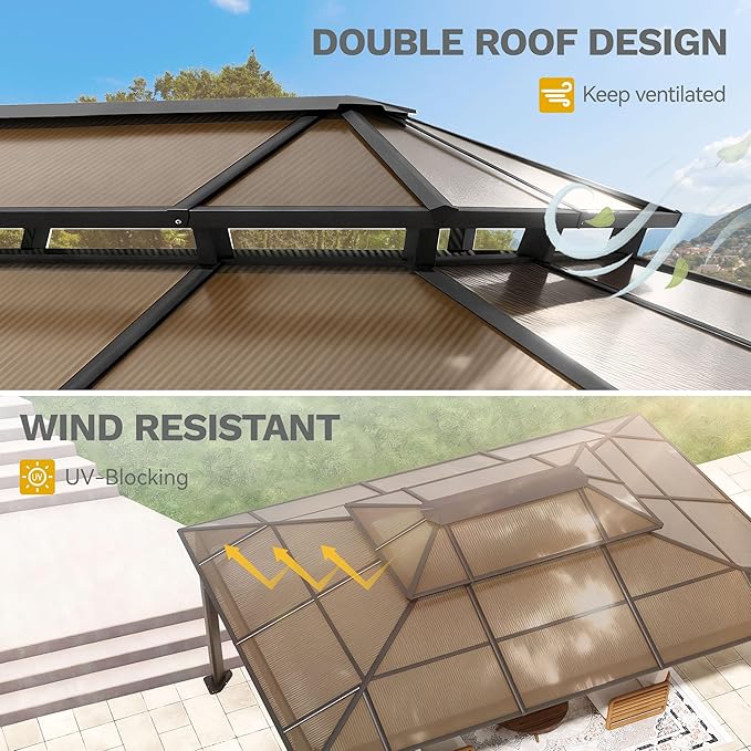 DWVO 12x16ft Gazebo Hardtop Double Roof Polycarbonate Canopy Outdoor with Netting and Shaded Curtains, Metal Frame Garden Tent for Patio, Backyard, Deck and Lawns, Brown