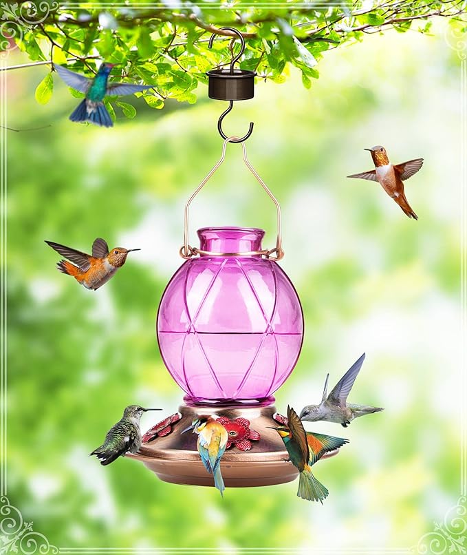 BOLITE Hummingbird Feeder, Glass Hummingbird Feeder for Outdoors, Netted Texture Ball Shape Bottle, 20 Ounces, Lavender, Birthday Gifts for Women Men, Gifts for Mom Dad