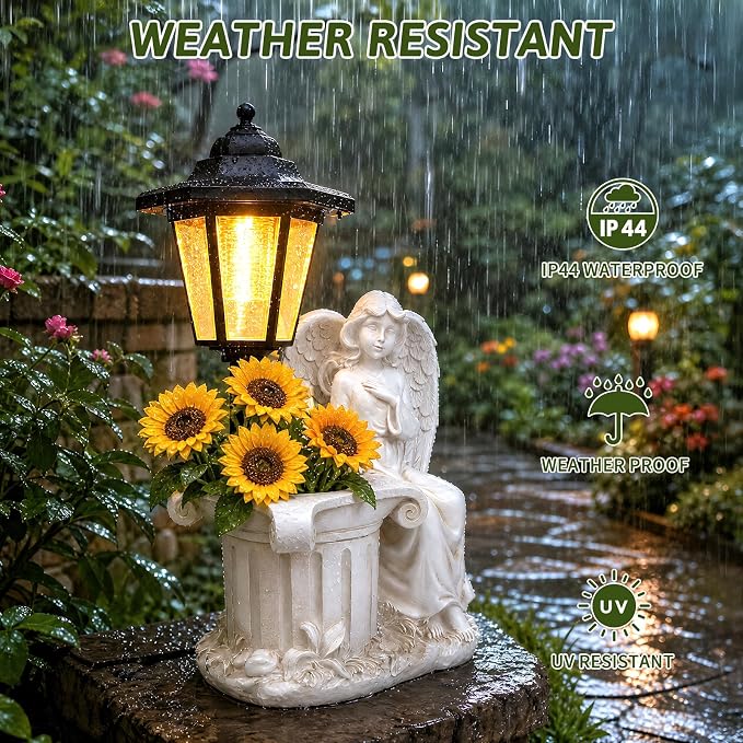 Solar Angel Outdoor Statues, Garden Sculptures with Lantern & Flower Pot, Angel Figurines for Yard Lawn Porch Patio Balcony Decor- Gifts for Women Mom Grandma