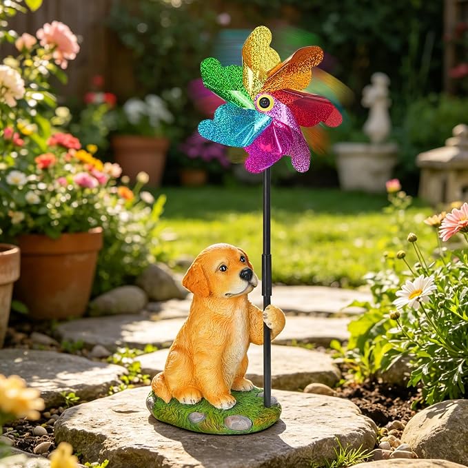 Dog Wind Spinner Decor, Waterproof Resin Golden Retriever Garden Statue with Colorful Pinwheel for Outdoor Patio, Flower Bed, Poolside, Backyard Lawn