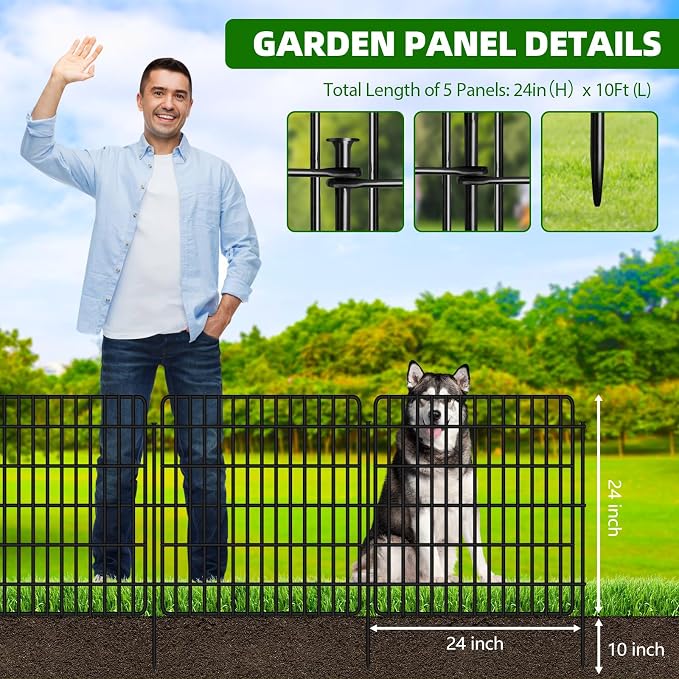 5 Panels Garden Fencing Animal Barrier with Lock, 24 in(H) X 10 Ft(L) Dog Fence Outdoor for Yard Rustproof No Dig Decorative Tall Garden Fence Metal Wire Panel Border Rabbit Ground Stakes Fencing
