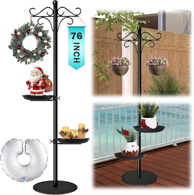 76" Thicken Shepherds Hooks for Outdoor - Double Shepherd Hooks for Outside with 2 Stands, Bird Feeder Pole with a Flat Base for Deck, Plant Stand Indoor, Wreath and Wind Chimes Hanger