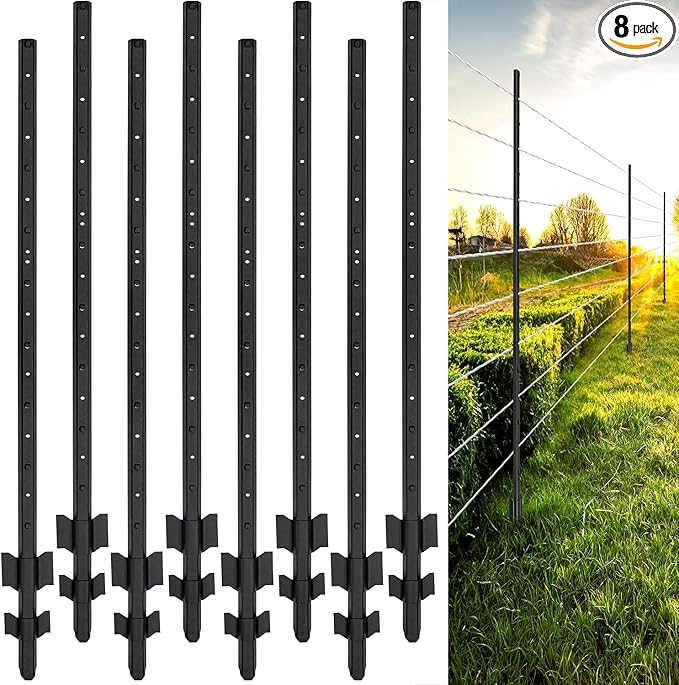 Fence Posts 6 Feet, Heavy Duty Metal Fence Post with U-Channel, Steel Fence U Post for Wire Fencing Steel Post for Yard, Outdoor Wire (Black - Set 8), AX015