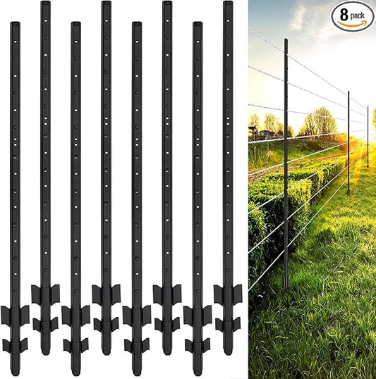 Fence Posts 6 Feet, Heavy Duty Metal Fence Post with U-Channel, Steel Fence U Post for Wire Fencing Steel Post for Yard, Outdoor Wire (Black - Set 8), AX015