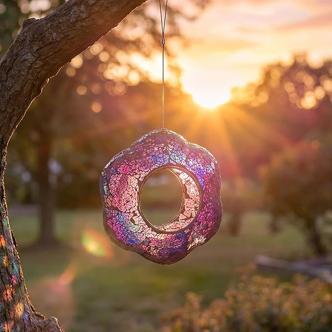 Sunnydaze 10-Inch Glass Mosaic Hanging Bird Feeder for Outdoors - Fly-Through Glass Bird Feeder for Cardinals, Jays, Finches and More - Iridescent Purple Flower
