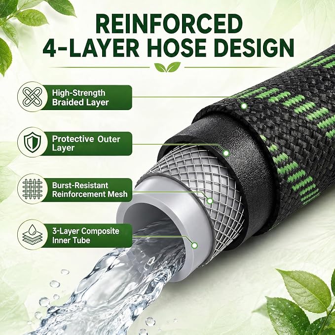 Garden Hose 50 FT, Non-Expanding Water Hose with 10 Pattern Spray Nozzle, Lightweight Flexible Kink-Resistant Garden Hose, Durable Outdoor Hose for Yard, Lawn, Patio, Garden, Car Washing, Black Green