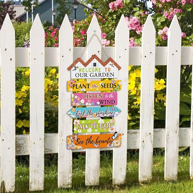 HOURIA Welcome to Our Garden Wooden Sign(11.4”x17.6”),Inspirational Gardening Signs for Outside,Colorful Garden Yard Greenhouse Decor,Gardening Gifts for Women, Men, Gardeners,Plant Lovers