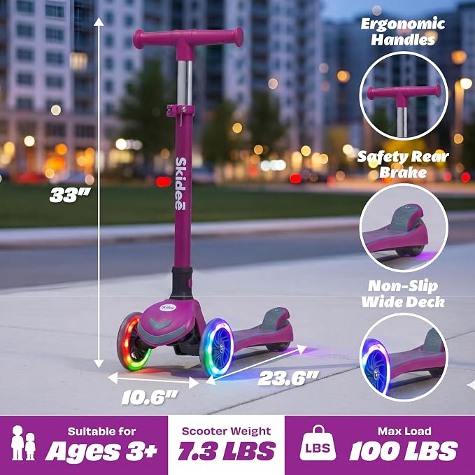 SKIDEE Kick Scooter for Kids Ages 3-5 | Foldable 3 Wheel Scooter with Lean-to-Steer, Adjustable Height, Removable Seat & LED Light Wheels | Toddler Scooter Up to 12 Year Old Boys/Girls