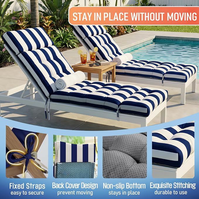 MAGIC ELEPHANT Chaise Lounge Cushion Outdoor, Memory Foam Patio Lounge Chair Cushion with Ties for Outdoor Furniture, 74 x 22 x 4 Inch (Navy Stripe)