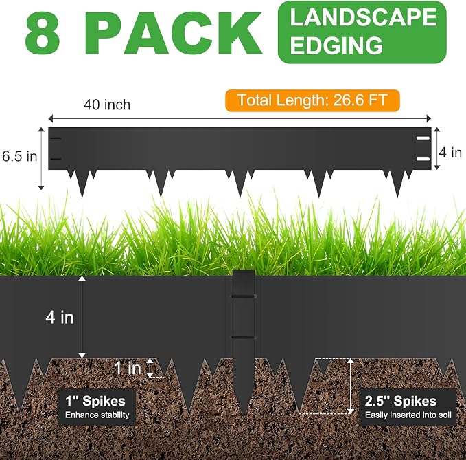 8-Pack Metal Landscape Edging (26ft Total), 40" x 6.5" Steel Garden Edging Border w/ 8 Stakes, Rustproof Hammer-in Edging for Landscaping, Lawn, Yard, Tree Rings, Flower Beds