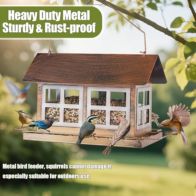 Bird Feeders, Heavy Duty Metal Bird Feeder for Outdoors Hanging, Weatherproof Large Capacity Wild Birdfeeder for Outside Garden Yard, Country House Shape (Horizontal)