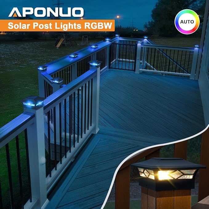 APONUO Solar Post Cap Lights with 8 RGB Colors and Multicolor Flow, Ultra-Bright Clear Lens, IP65 Waterproof for 4x4 5x5 6x6 Wood & Vinyl Fence Posts, 12 Pack Black