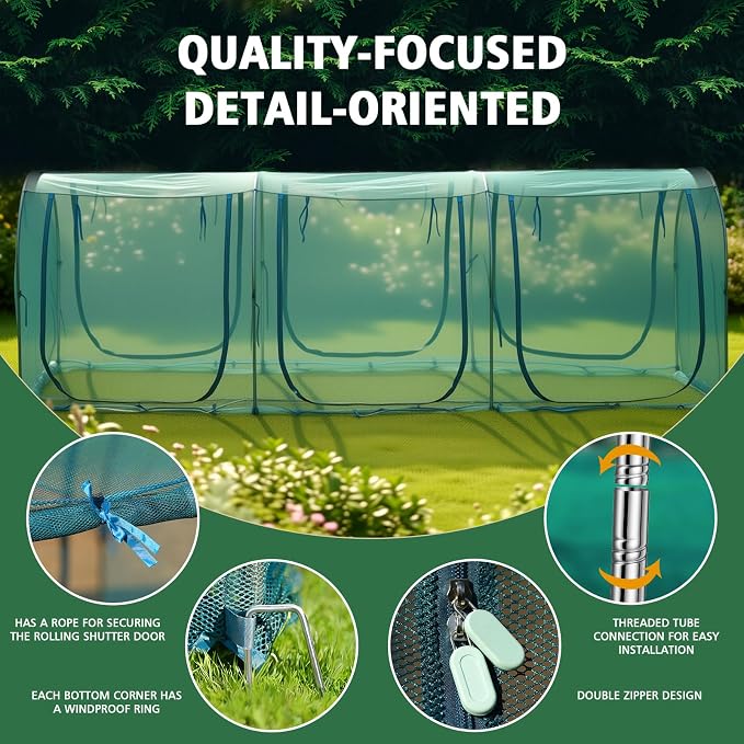 12.3'x4'x4' Crop Cage Portable Tunnel Plant Netting Cover Tomato Netting, 6 Roll-Up Zipper Door Garden Cage, Bug Netting Cover for Vegetables & Fruits, Durable Raised Garden Bed Covers