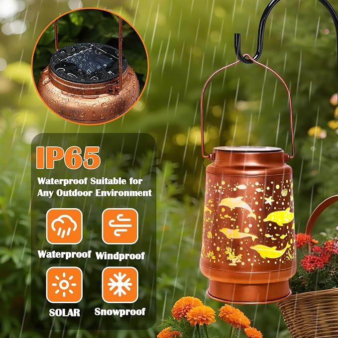 Dolphin Birthday Gifts for Women Mom Grandma, Solar Lanterns Outdoor Waterproof Garden Decor Hanging Lantern Lights, Metal LED Decorative Gardening Light for Patio Yard Lawn