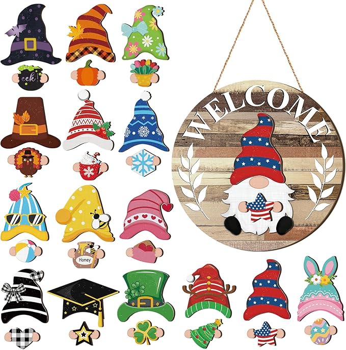 Qunclay Interchangeable Wooden Gnome Decor Holiday Seasonal Gnome Decorations with Magnet Pieces and Detachable Hats Changeable Welcome Sign for Home (Farmouse)