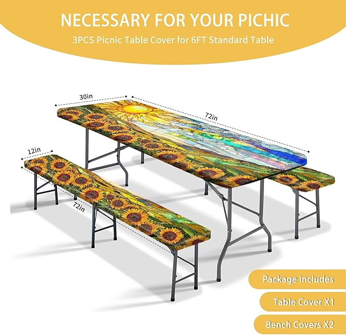 Picnic Table Cover with Bench Covers 72IN 6FT, Camping Essentials Tablecloth Waterproof Oilproof with elastic Edge for Indoor Outdoor Patio (Sunflower Sun)