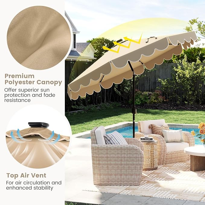 Tangkula 9 FT Solar Patio Umbrella, 2-Tiers Scalloped Outdoor Table Market Umbrella with 32 LED Lights, Vented Top, Tilt Adjustment, Crank, 8 Ribs for Backyard Poolside Deck Beach Lawn (Coffee)