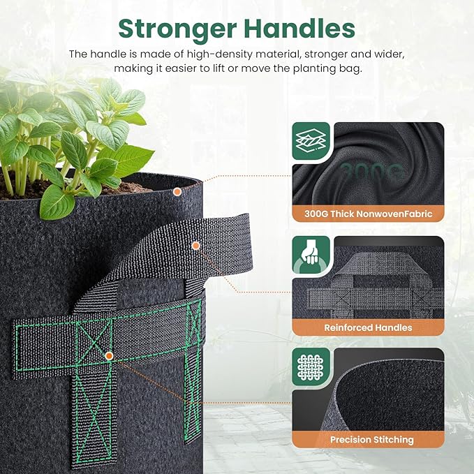 Jorvila 5 Pack 1 Gallon Grow Bags, Thickened Nonwoven Fabric Planter Pots with Handles, Heavy Duty 300G Garden Pots for Tomato, Potato and Vegetable