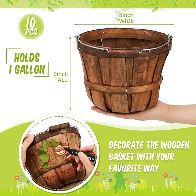 Marsui 10 Pcs Round Wooden Berry Baskets Small Bushel with Handles for Gifts Empty Basket Fruit Buckets for Picking Strawberry Fruits Flowers Crafts Home Wedding (Dark Brown)