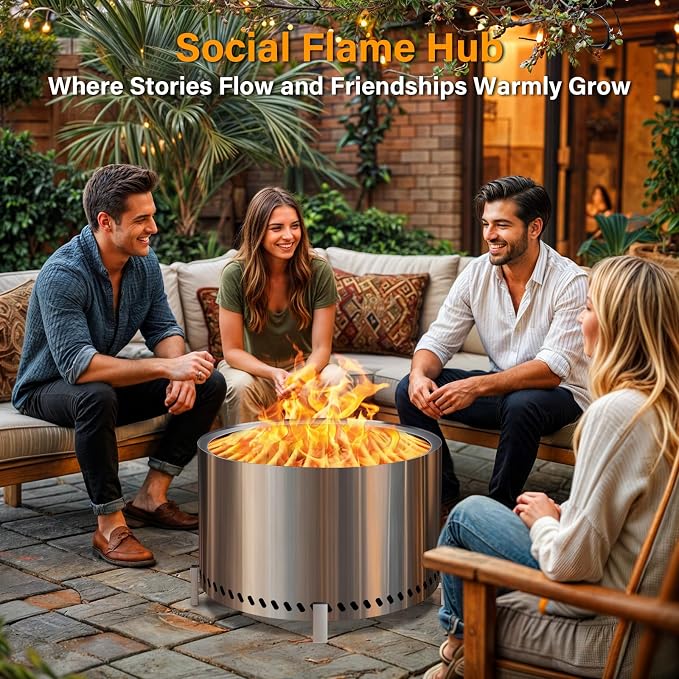HGD 28 Inch Smokeless Firepit, Large Stainless Steel Fire Pit, Wood Burning Firepit for Patio Garden Picnic