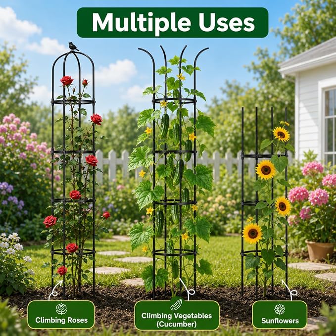 Garden Obelisk Trellis for Climbing Plants Outdoor, 6 ft Tall Trellis for Roses Clematis Jasmine Ivy Flower Light Climbing Vines Potted Plant Support, Patio, Yard, Black, 2PCS