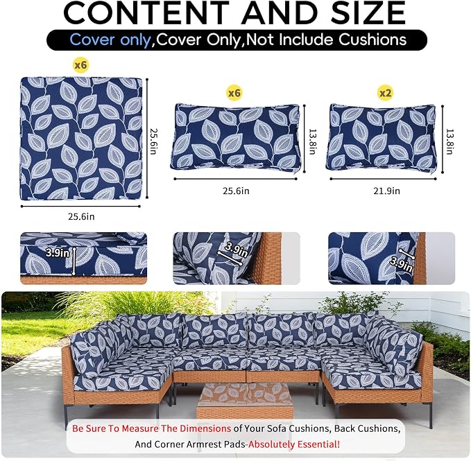 14 Piece Outdoor Patio Cushion Covers Replacement Waterproof with Zipper for 6-Seater Sectional Couch Chair Patio Furniture Conversation Sofa Seat Cushions Slipcovers Set, Only Cover