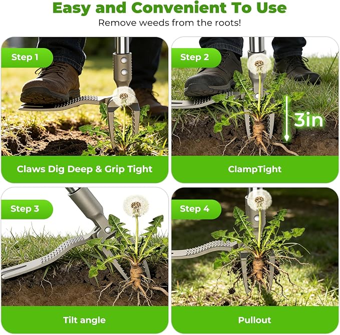 Manual Weed Puller Tool, 47" One-Piece No Assembly Stainless Steel Garden Weeder with Long Handle, Stand Up Heavy Duty Weeding Tool for Lawn Patio Yard Dandelion Root Removal Without Kneeling