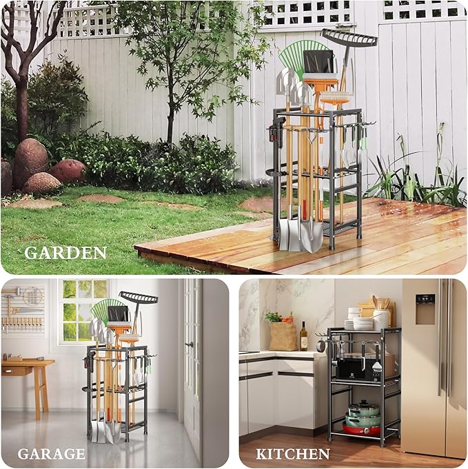 CICUFY Garden Tool Organizer Storage Metal Yard Tool Organizer Heavy Duty Garden Tool Rack Stand with Extra Hooks, Up To 35 Long Handled Shovels/Rakes/Brooms Holder for Garage,Shed,Outdoor(Black)