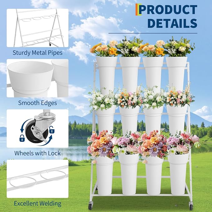 PeakPursuit 3-Tier Metal Flower Display Stand with 12 Plastic Removable Buckets and Wheels,Flower Display Cart for Indoor and Outdoor Use, White