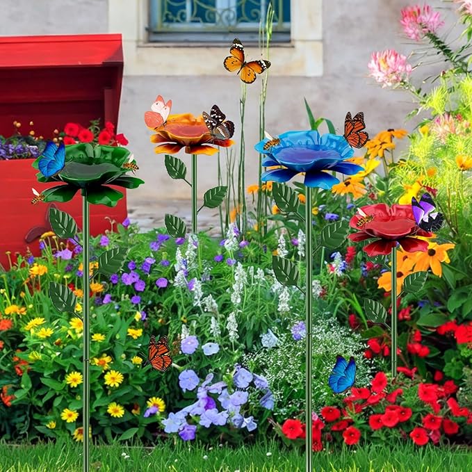 4 Pack Bee Watering Station, Bee Feeder for Garden Metal Butterfly Water Feeder with Flower Design Colorful Butterfly Bee Bath Bowl for Outdoor Garden Yard