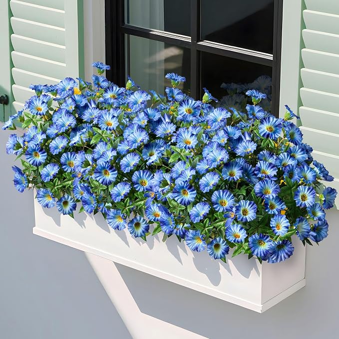 Blue Artificial Morning Glory Flowers for Outdoor Planters, Premium UV Resistant Silk Faux Flowers for Porch, Hanging Basket & Window Box, Lifelike Floral Arrangement, No Pot 13.3“ 8 Bundles