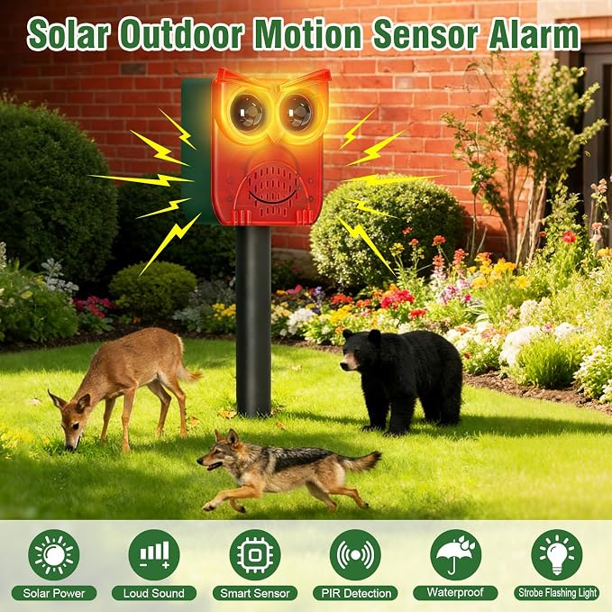 ChunHee Solar Motion Sensor Alarm Outdoor Dog Barking Alarm with 129dB Loud Alarm & PIR Motion Detection, IP65 Weatherproof Motion Activated for Deer, Coyote,Raccoons, Bears 2PCS