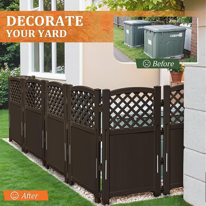 Devoko Outdoor Privacy Fence, 4 Fence Panels Privacy Screen Panels for Outside and Yard, Resin Air Conditioner Lattice Fence for Trash Can (Brown)
