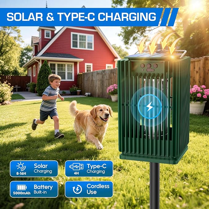 Solar Bug Zapper Outdoor, Waterproof Mosquito Zapper Type-C & Solar Powered, Auto On/Off, Cordless 4200V Electric Fly Zapper, 5000mAh Rechargeable Mosquito Trap Killer for Patio Backyard Camping
