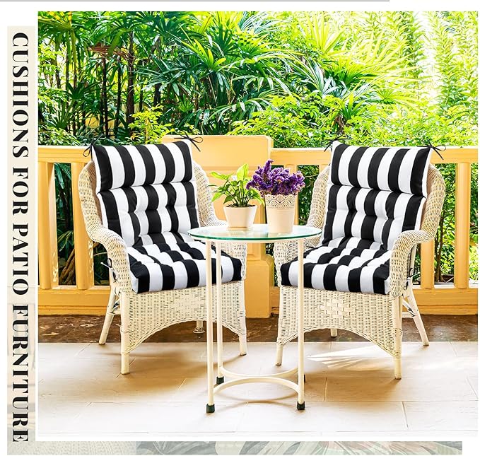 Sintuff 4 Pcs 44 x 21 x 4 Patio Chair Cushions Outdoor Chair Cushion Seat/Back Tufted Pillow with Ties Water Resistant Replacement Indoor Patio Furniture Outdoor Furniture (Stripe,Black,White)