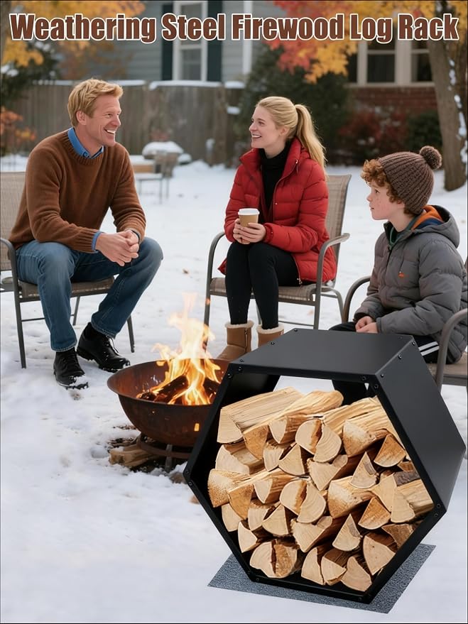 Firewood Log Rack, Heavy-Duty Steel Firewood Rack Outdoor with Hexagon Design, Fire Log Holder for Wood Storage, Wood Holder for Indoor and Outdoor- Black