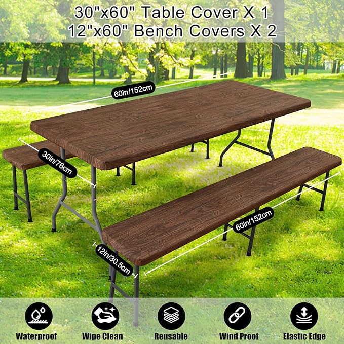 Smiry Picnic Table Cover with Bench Covers, Waterproof Elastic Fitted Tablecloth for 5 Foot Tables, Washable Polyester Tablecloths for Camping, Indoor & Outdoor (Brown, 30x60 Inch 3-pc Set)