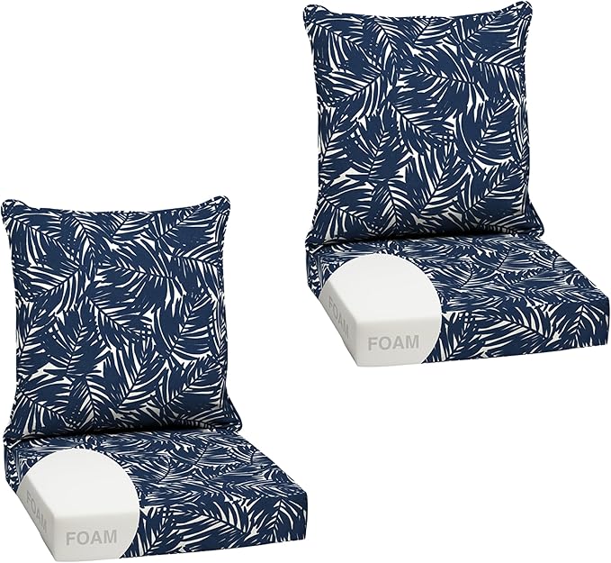 Arden earthFIBER Outdoor Foam Deep Seat Cushion (2-Pack), 24x24, Premium High-Density Foam, Never Flattens, Weather-Proof for Patio Chair Sofa Couch, Navy Blue King Palm
