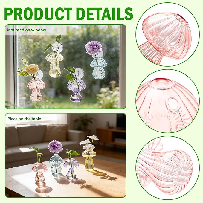 Bunmery Window Propagation Stations, 4 pcs Colored Mushroom Plant Propagation Station with Suction Cups, Easy to Install Window Hanging Planer, Indoor No Nails Glass Vase Terrarium for Plants&Flowers