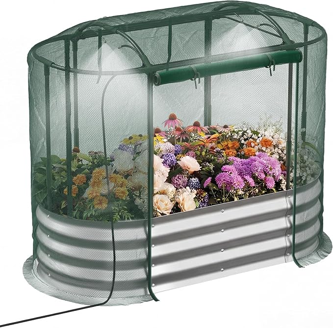 Lineware Raised Garden Bed with Self-Watering System, 4x2x1 ft Elevated Planter Boxes Outdoor with Mesh Cover, Oval Galvanized Raised Beds for Gardening,Vegetables,Flowers, Backyard, Patio
