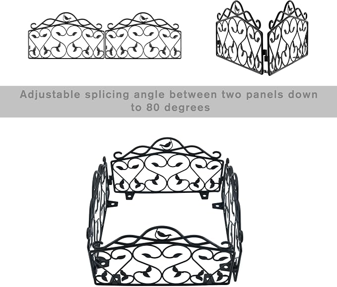 Evelyne Decorative Garden Border Plastic Edging – PP Plastic, Short Metal-Free Faux Wrought Iron Leaf & Bird Design, 8pcs Yard Landscaping Fence Liner Lawn Edge Barrier, 10ft Kit of Decorative Panels