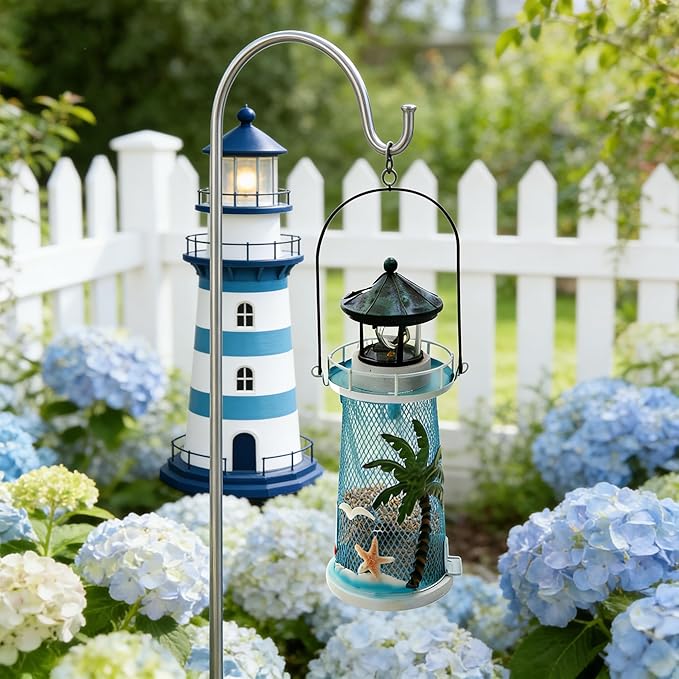 Solar Lighthouse Bird Feeder with Rotating Beacon - 14" Hanging Best Birdfeeder Gifts for Bird Lovers(Beach Blue)