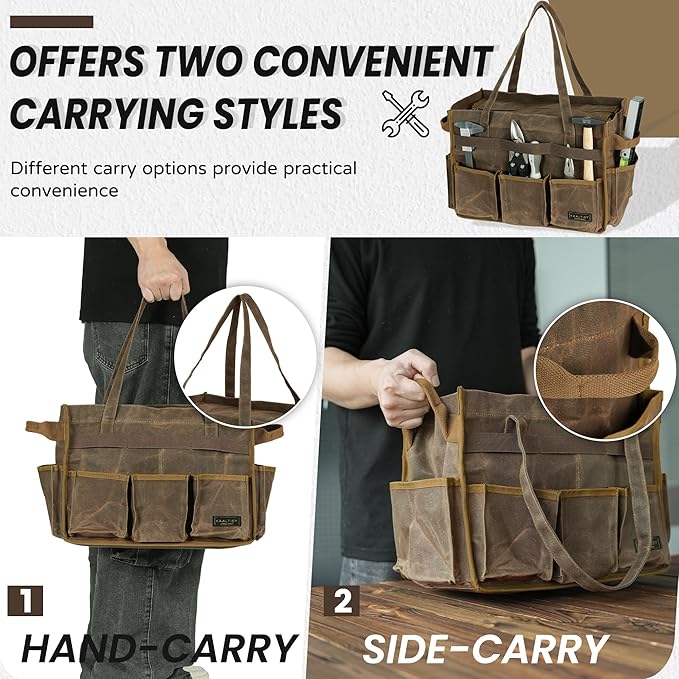 Canvas Tool Tote Bag, Heavy Duty 16oz Waxed Canvas Tool Pouch with Metal Zipper & 12-Pocket | Multi-Purpose Garden Tool Storage Carrier for Gardener Craftsman Contractor | Brownish Grey
