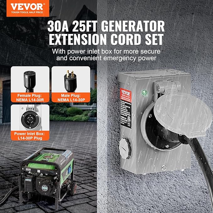 VEVOR 30 Amp Generator Cord and Power Inlet Box Kit, 25 FT Generator Extension Cord NEMA L14-30P/L14-30R STW 10 AWG with Twist Lock Connector, Pre-Drilled Inlet Box, ETL Listed