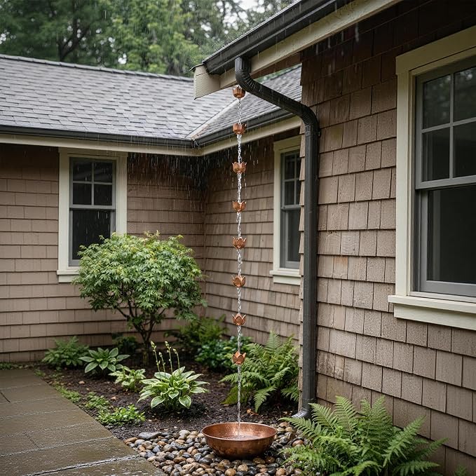 Topadorn Copper Rain Chain for Gutters, 8.5 FT Solid Copper Lotus Rain Chain, Decorative Downspout Alternative with 11 Cups for Garden, Patio & Outdoor Decor