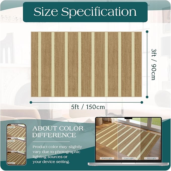 Striped 3x5 Entry Rug - Small Washable Indoor Outdoor Mats for Front Door Non-Slip Porch Rug Tan Beige Farmhouse Throw Rugs for Living Room Bedroom Entryway Kitchen Mudroom Office Porch Decor