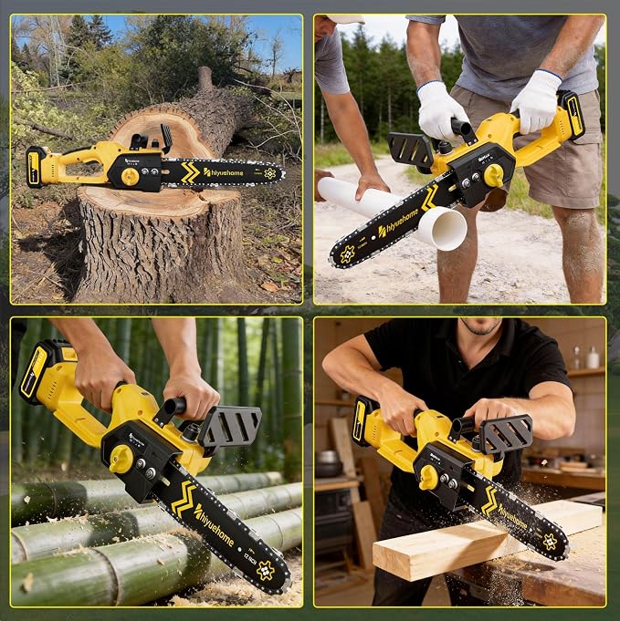 Power Chainsaw 12inch,Chainsaw Cordless w Automatic Oiler, Handheld Electric Power Chain Saw w Security Lock, Brushless Motor,for Wood/Trees Trimming (Yellow-2, 12 INCH)