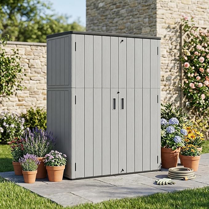 Outdoor Storage Shed 57 Cu.ft Weatherproof Resin Storage Cabinet with Floor, Lockable Vertical Shed for Garden Tools, Lawn Mower, Pool Equipment & Organization – Shelves Not Included