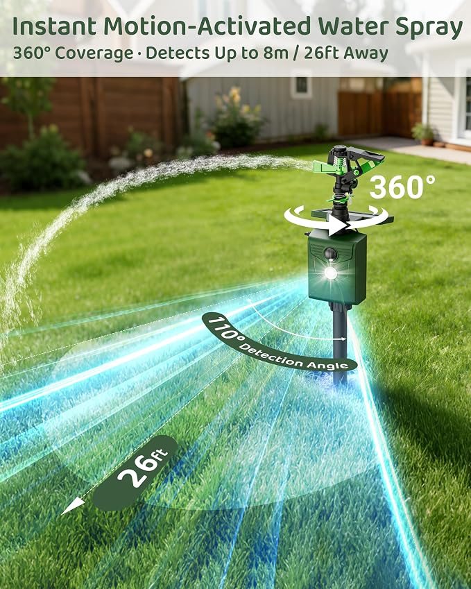 Animal Repellent Motion-Activated Water Sprinkler, Solar Powered Outdoor Animal Deterrent with Flashing Light, IP65 Waterproof for Deer, Cats, Dogs, Raccoons, Garden & Lawn Protection