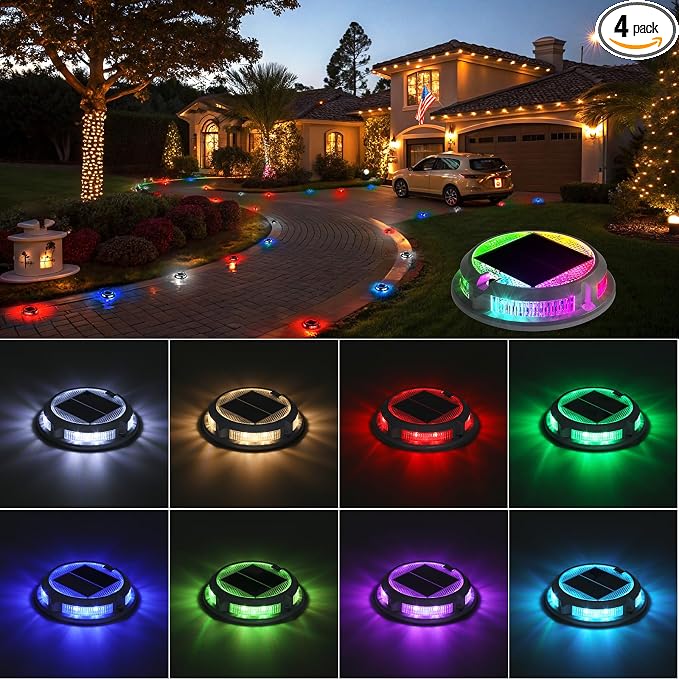 Solar Driveway Lights Outdoor 4 Pack, RGB Colors Solar Deck Dock Lights Outdoor Waterproof IP68, 3 Dynamic Light Modes, Driveway Marker for Warning Stair, Boat Dock, Step, Walkway, Patio Decor